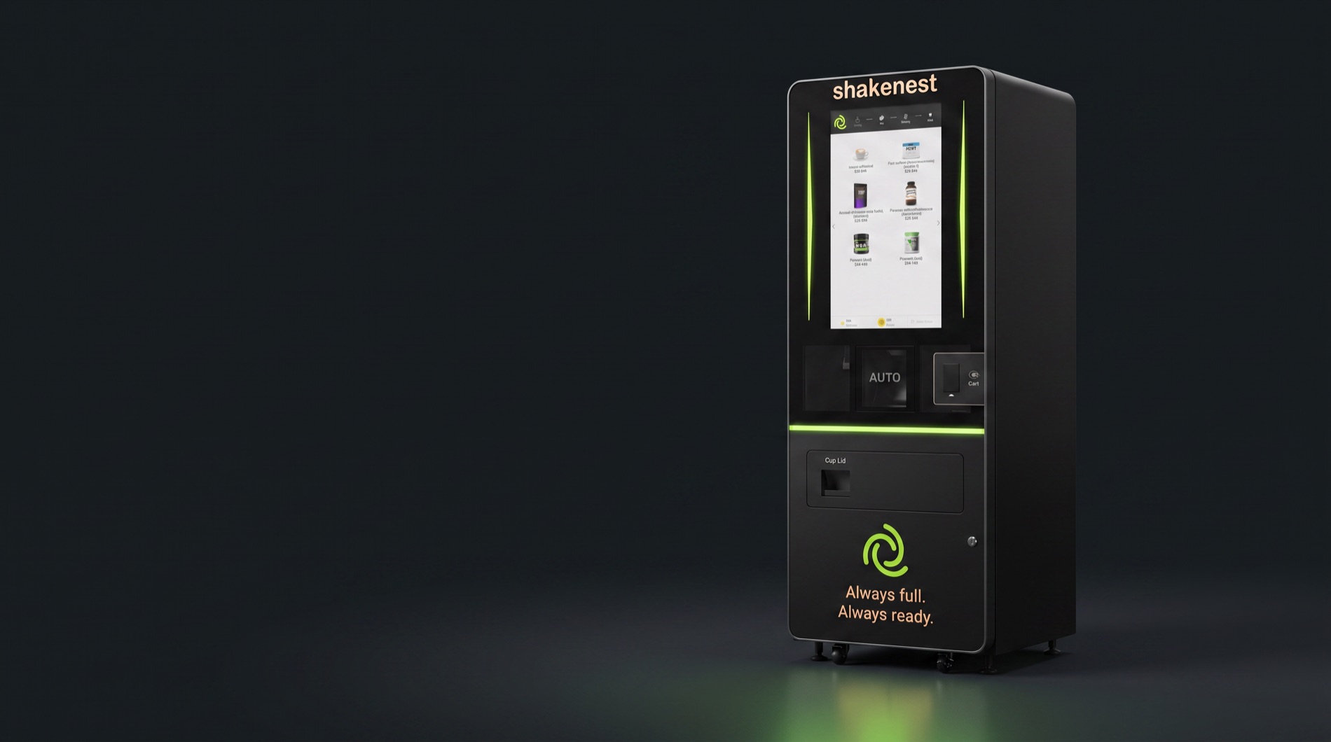 nest one, the shakenest protein shake vending machine, lit in a dark studio.