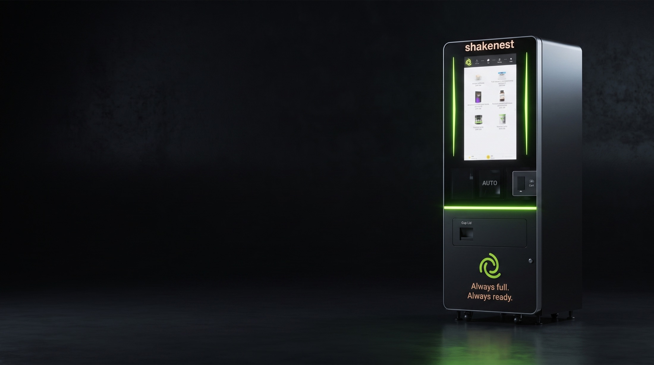 nest one, the shakenest protein shake vending machine, standing in a dark studio with its lime green light blades glowing beside a portrait touchscreen.