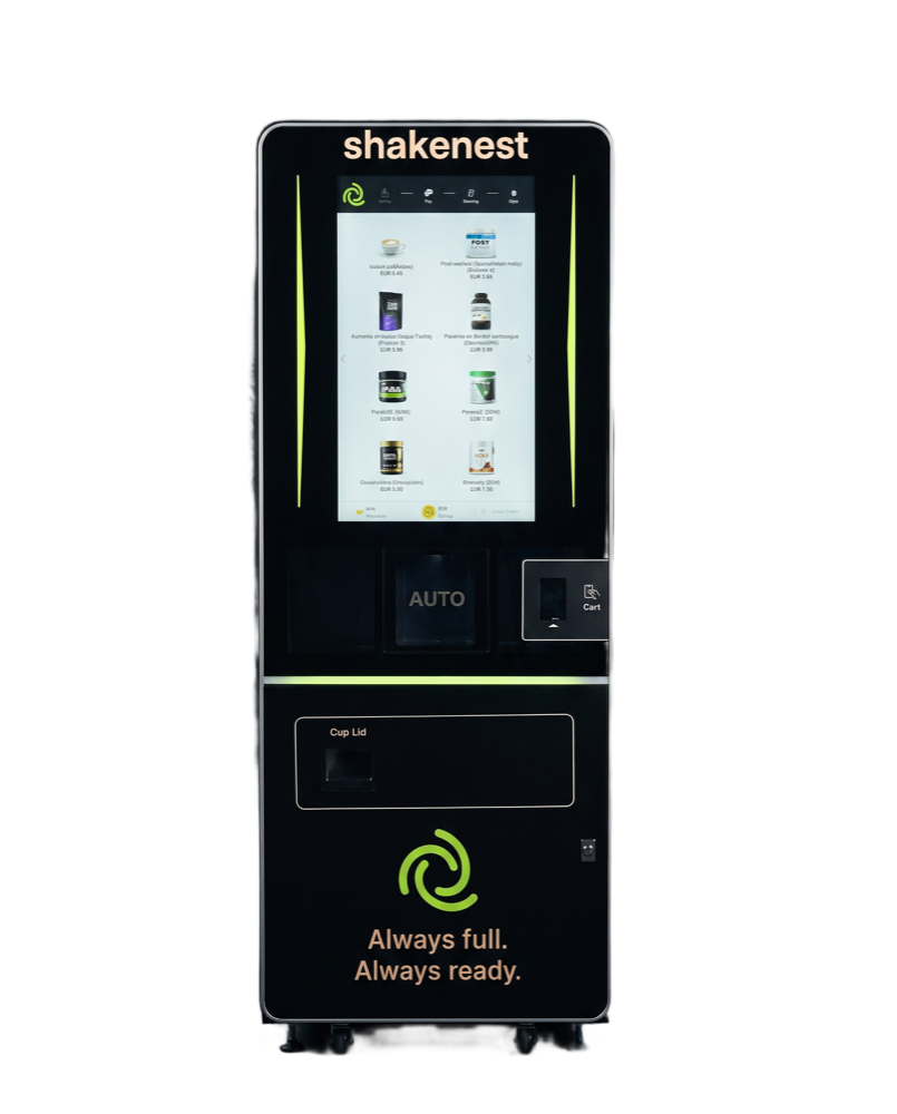 Front view of nest one showing the wordmark, portrait touchscreen, lime light blades, dispensing window, card reader and cup lid drawer.
