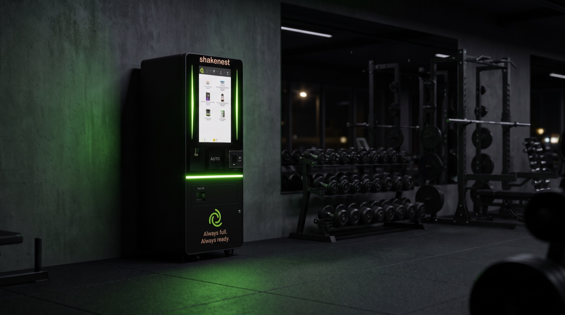 nest one installed against a concrete wall in a closed gym at night, casting green light across the rubber floor beside a dumbbell rack.