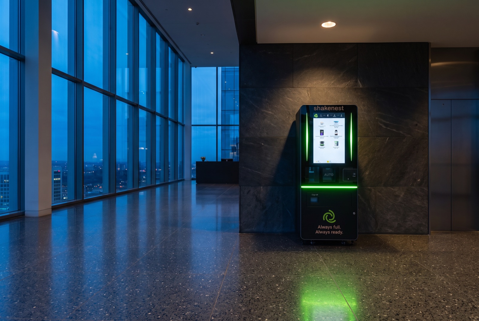 nest one standing against a stone wall in a modern office lobby at dusk, reflected in the polished terrazzo floor.