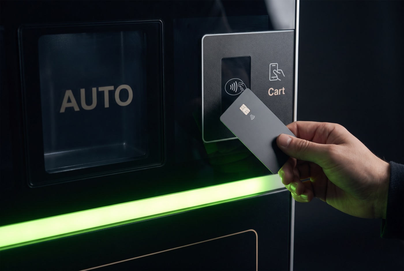 A hand tapping a contactless bank card against the card reader on nest one, lit by the machine's lime green light bar.